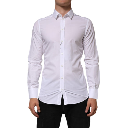 Dolce & Gabbana White Cotton GOLD Formal Men Longsleeves Shirt, slim fit with button closure, ideal for business and upscale events.