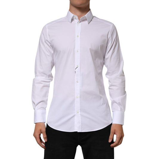 Dolce & Gabbana White Cotton GOLD Long Sleeves Formal Men Shirt, elegant design, slim fit, made in Italy, perfect for upscale events.