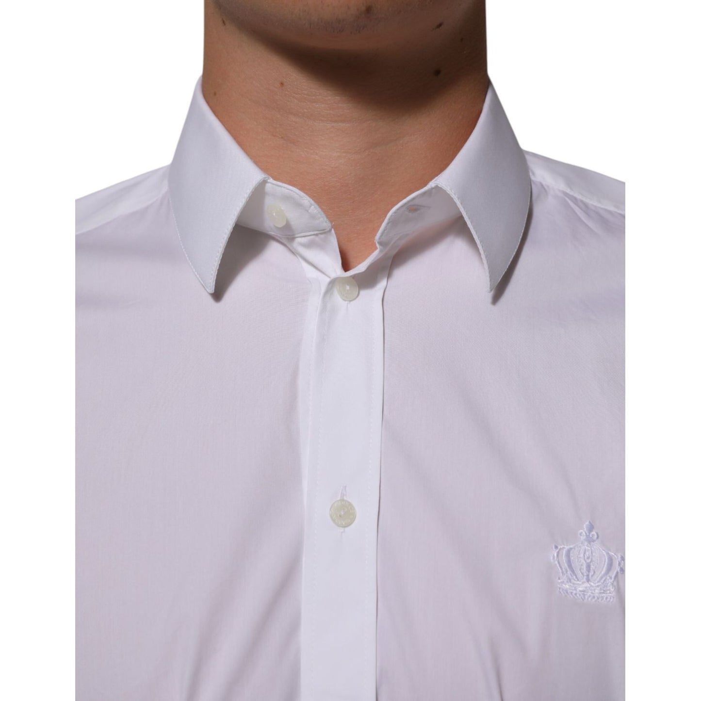 Dolce & Gabbana White Cotton MARTINI Formal Men Dress Shirt with classic collar and embroidered logo, ideal for business or events.