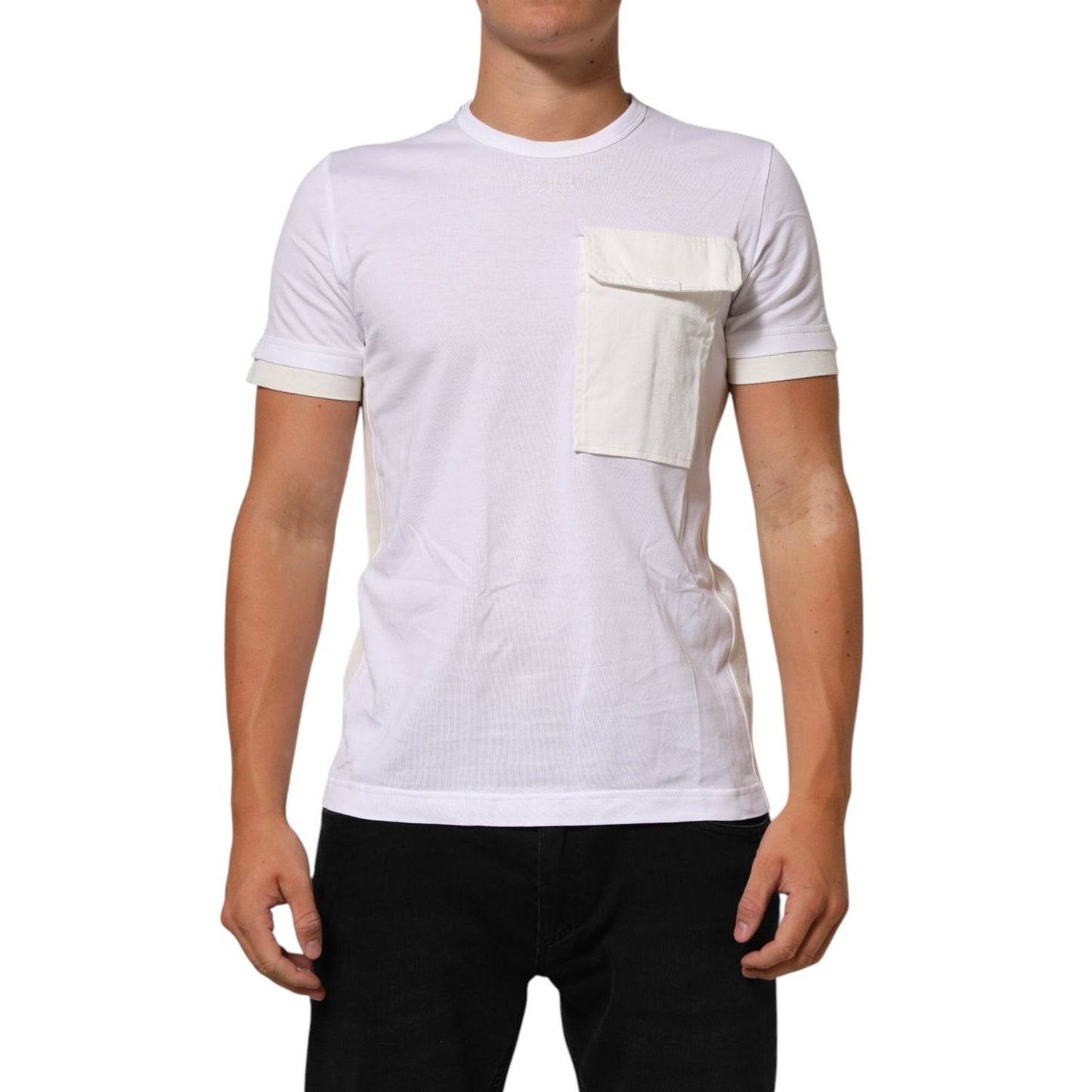 Dolce & Gabbana White Cotton Pocket Crew Neck Men Tee T-shirt displayed on a model, showcasing the front chest pocket and classic fit.