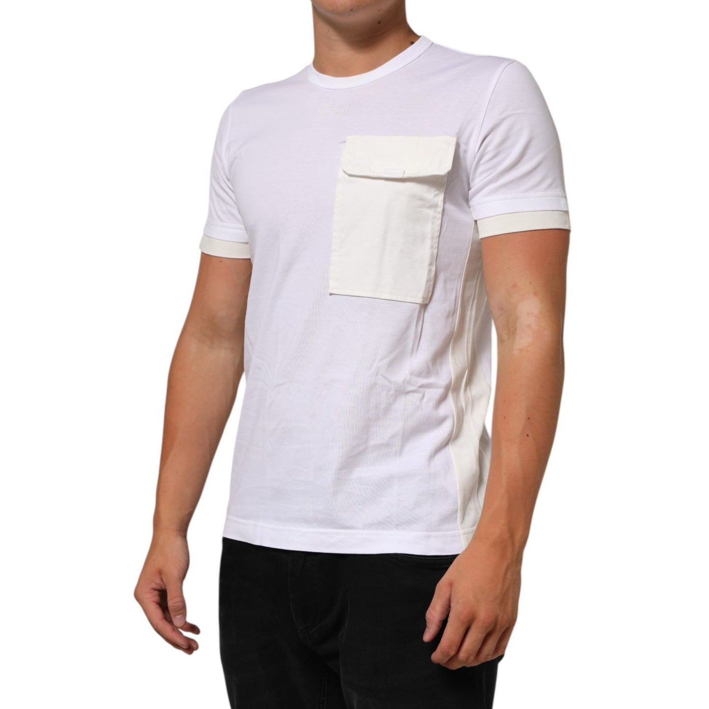 Dolce & Gabbana White Cotton Pocket Crew Neck Men Tee T-shirt shown on model
