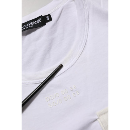 Close-up of Dolce & Gabbana White Cotton Pocket Crew Neck Men Tee T-shirt showing neck label and stitching details