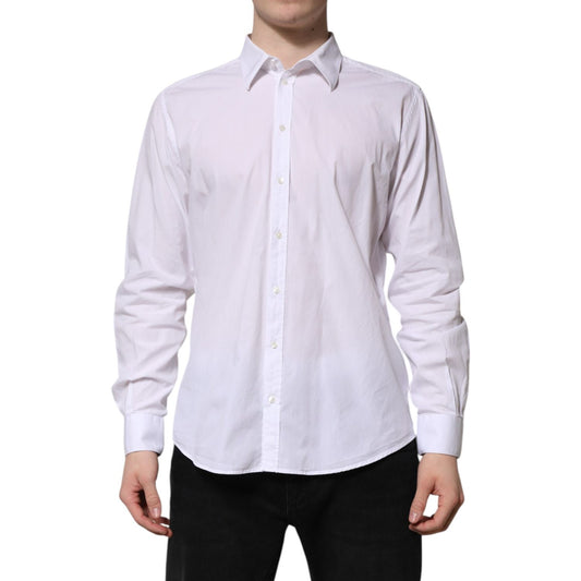 Dolce & Gabbana White Cotton STAFF Long Sleeves Forma Shirt with button closure and slim fit, perfect for business or casual settings.