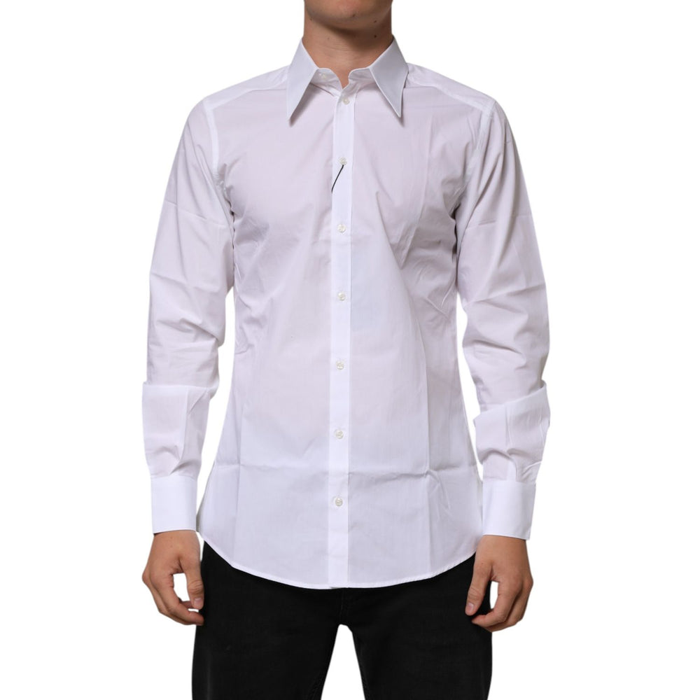 Dolce & Gabbana White Cotton Slim Fit Dress Formal Men Shirt in premium cotton with button closure, perfect for upscale occasions.