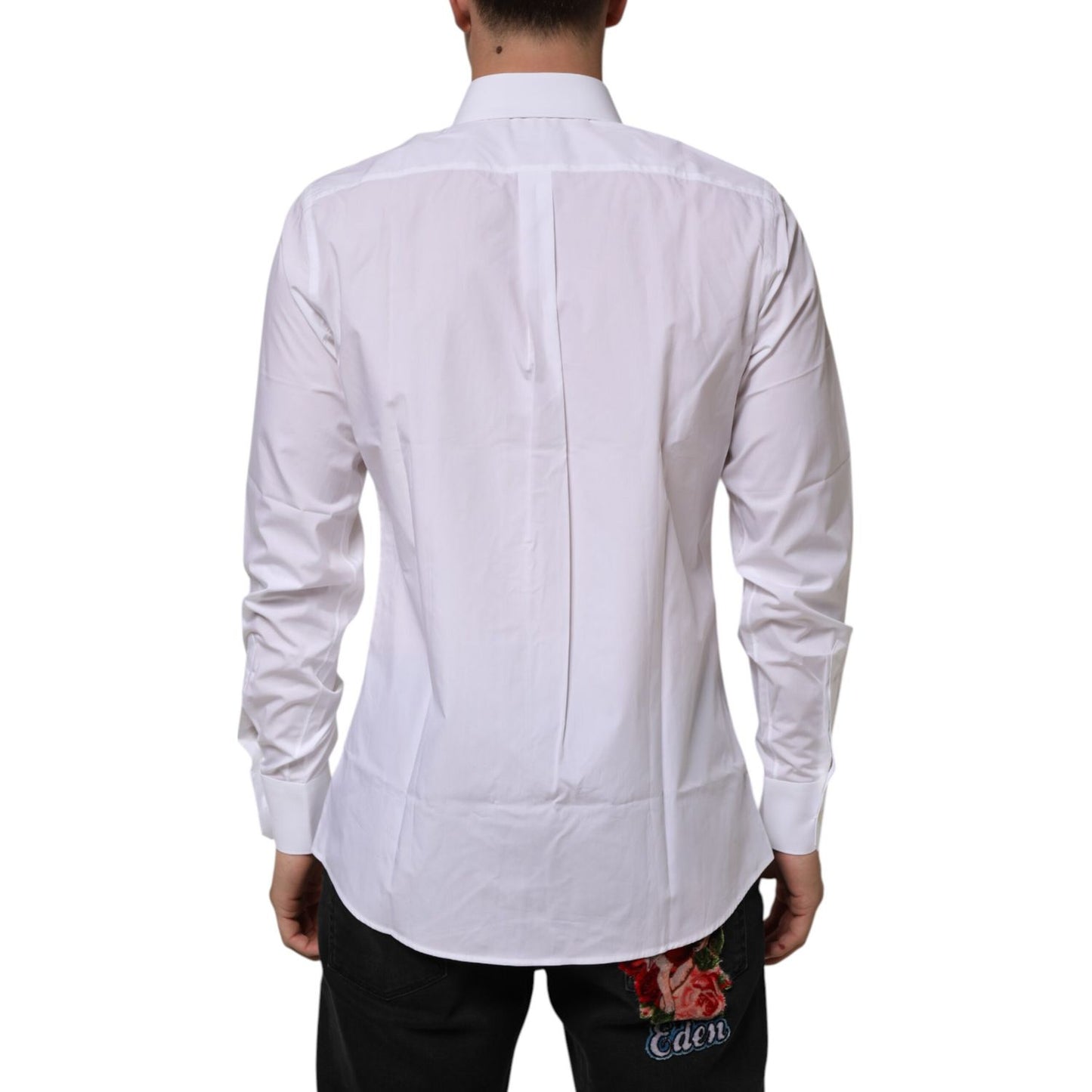 Back view of Dolce & Gabbana White Cotton Slim Fit Dress Formal Men Shirt showcasing its tailored silhouette.