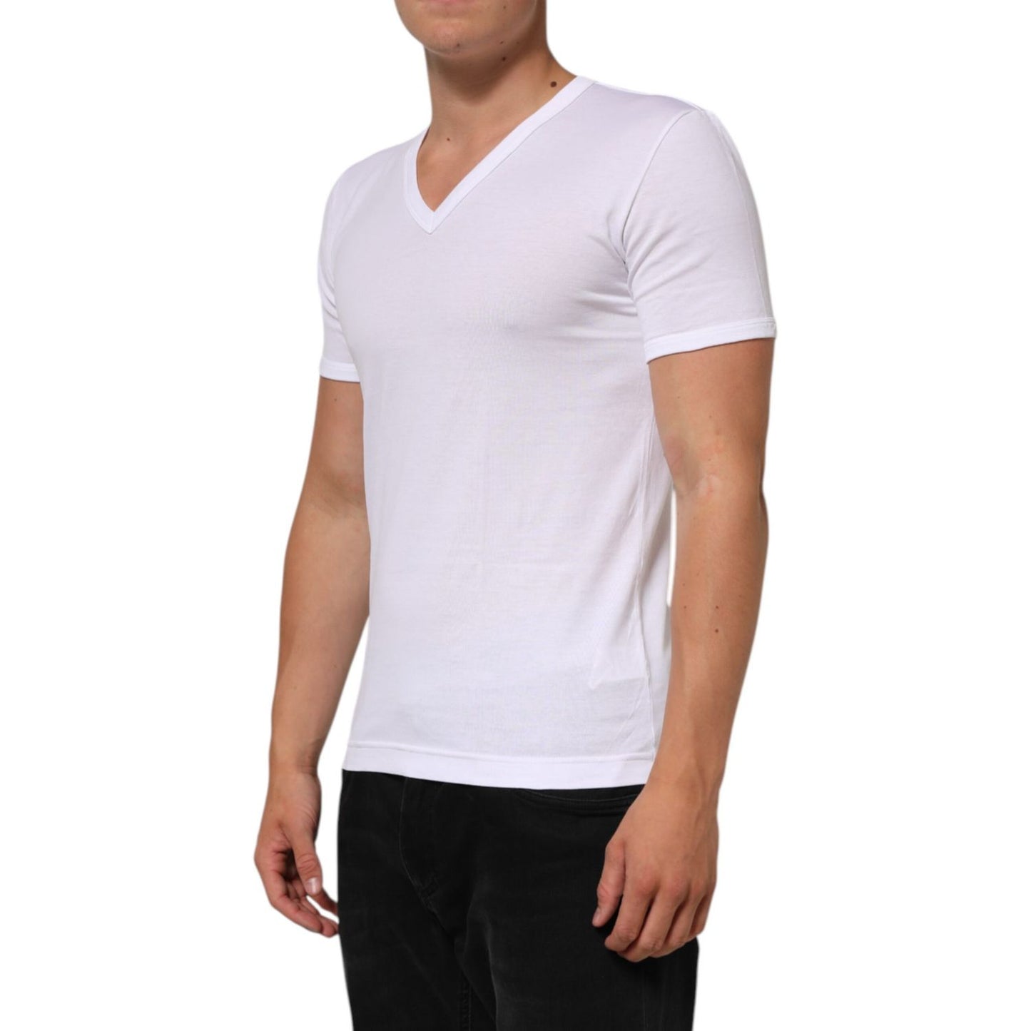 Dolce & Gabbana White Cotton V-Neck Short Sleeves T-shirt for men, breathable and versatile outfit.