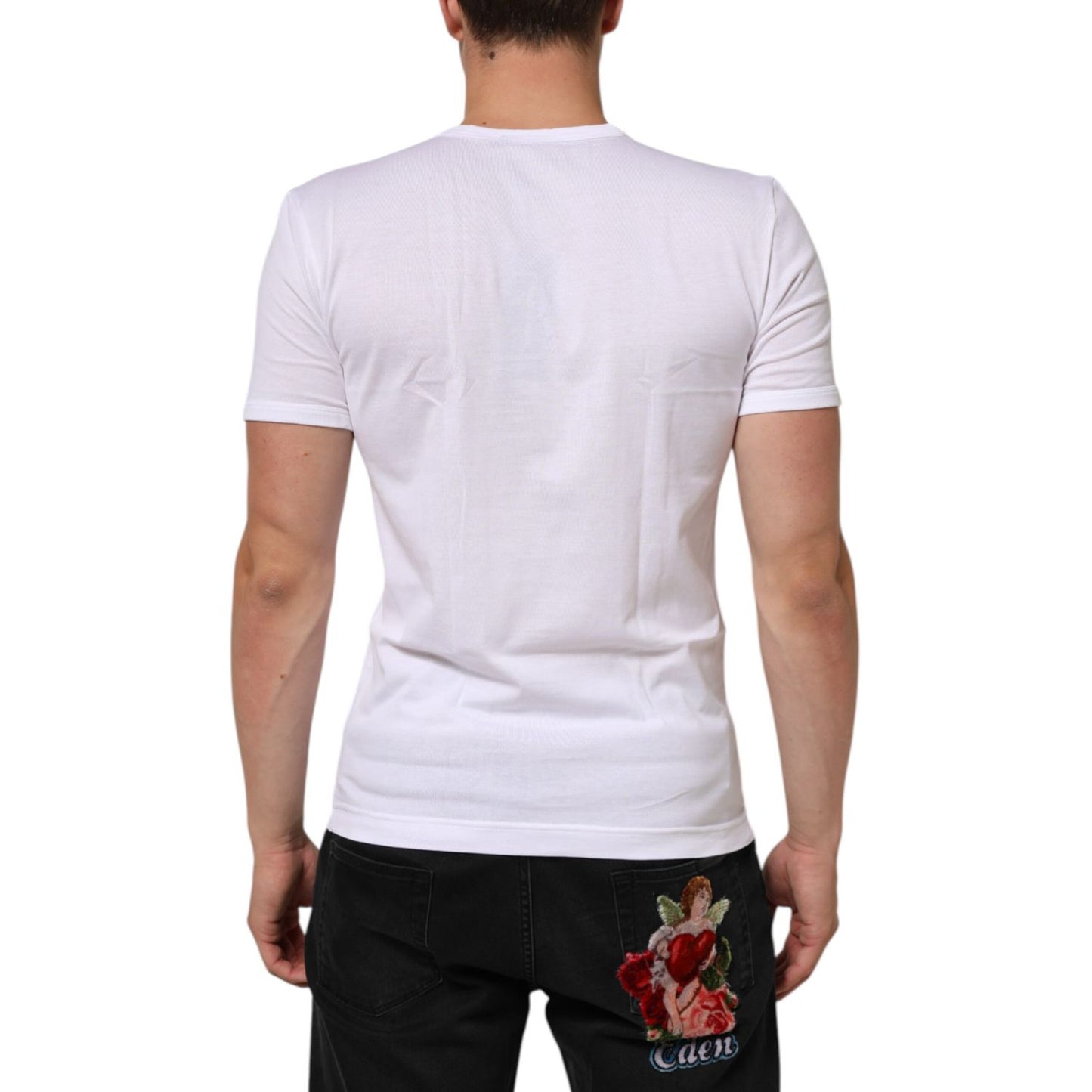 Back view of a Dolce & Gabbana White Cotton V-Neck Short Sleeves T-shirt, featuring a classic fit and short sleeves for versatile style.