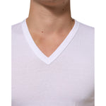 Dolce & Gabbana White Cotton V-Neck Short Sleeves T-shirt on model, showcasing classic neckline and soft cotton fabric.