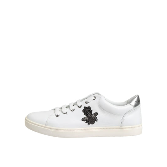 Dolce & Gabbana White Crown Bee Leather Low Top Sneakers Shoes featuring calf leather and rubber sole with lace-up closure.