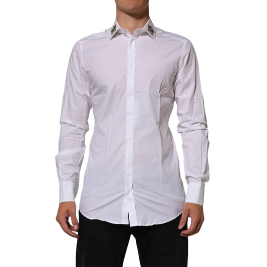 Dolce & Gabbana White Crown Collared GOLD Formal Dress Shirt on male model for upscale events.