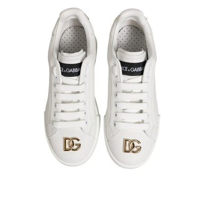 Dolce & Gabbana White DG Leather Low Top Sneakers Shoes with iconic DG logo, crafted in smooth leather and rubber soles, top view.