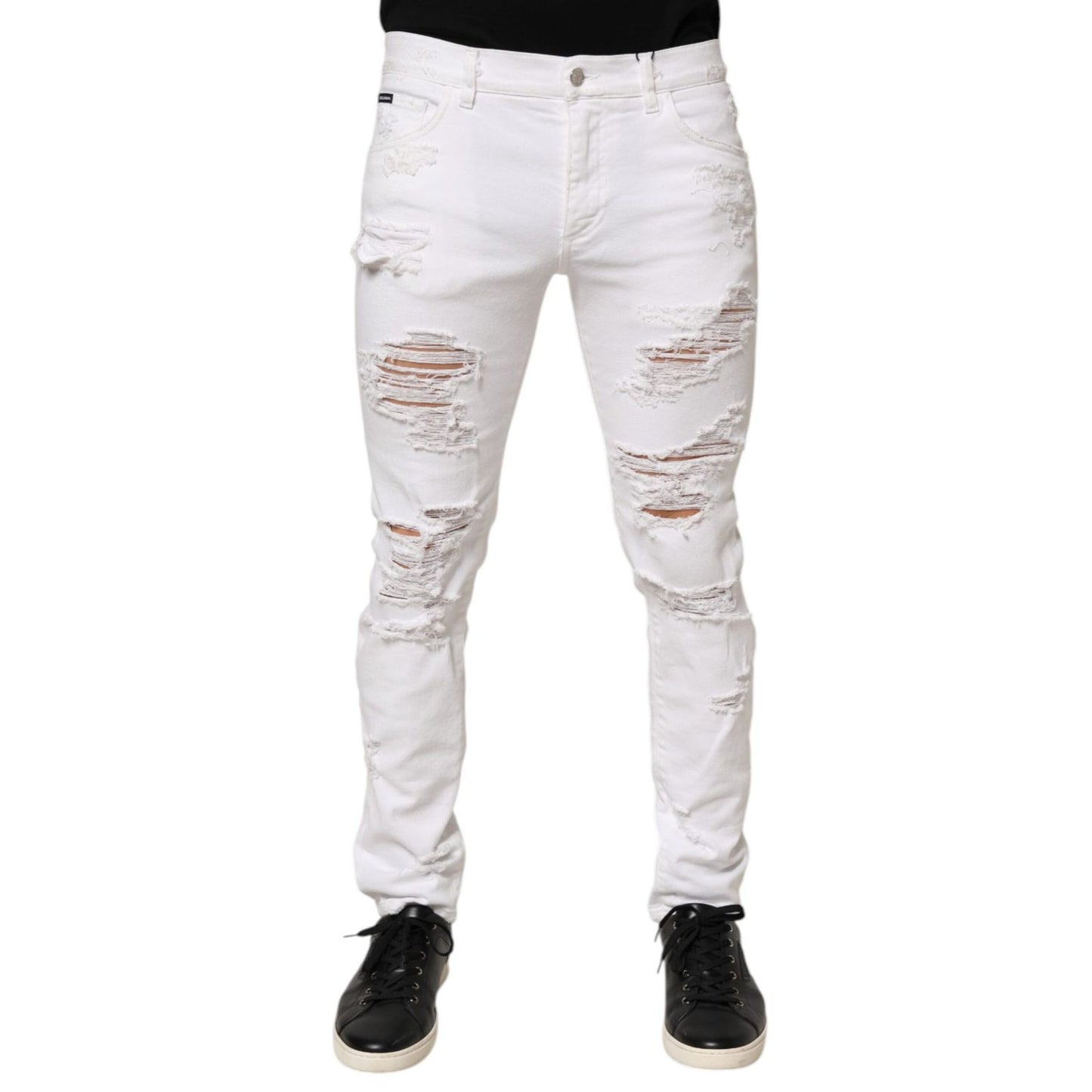 Dolce & Gabbana White Distressed Ripped Denim Trouser Jeans with ripped detailing and modern fit, perfect for a casual edgy look.
