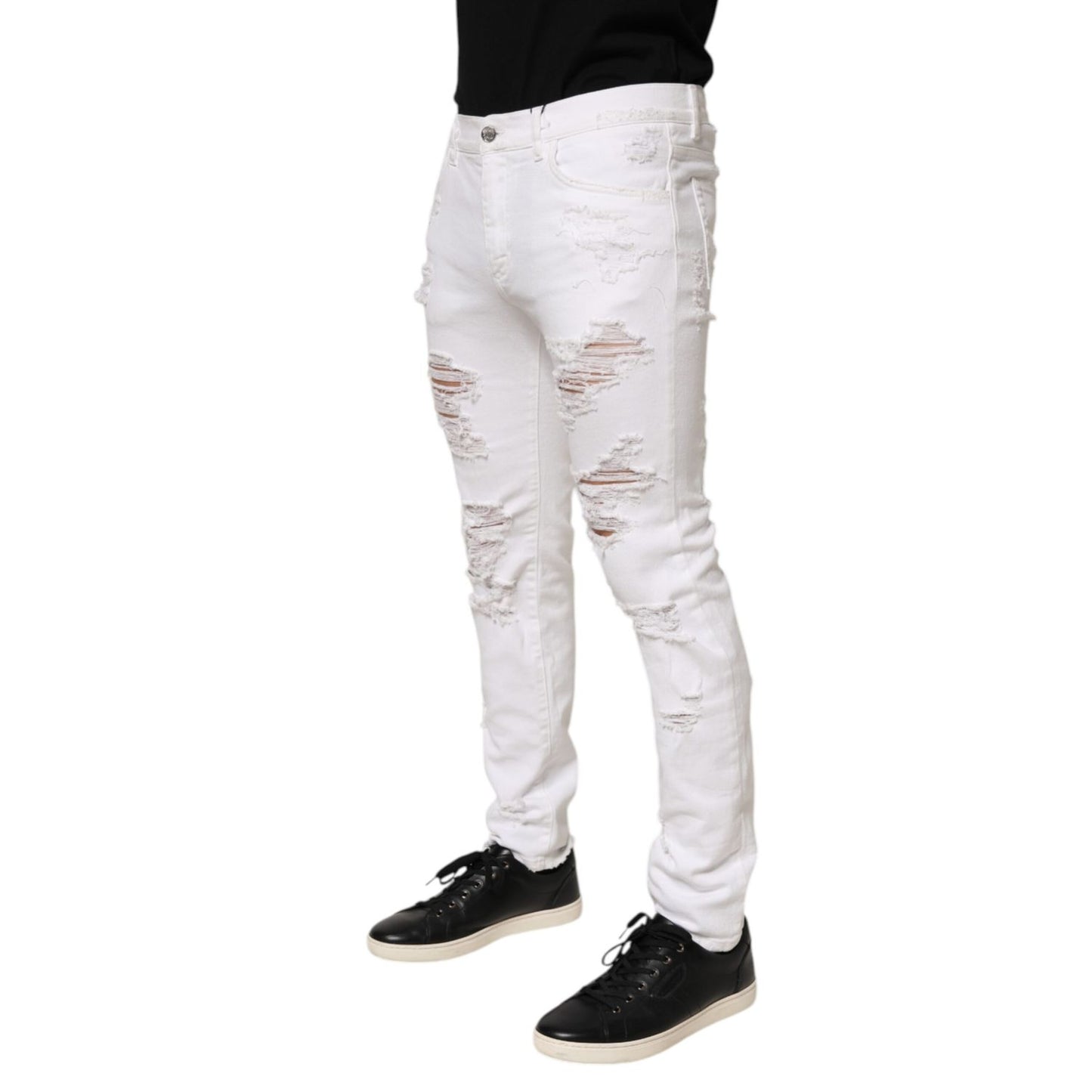 Dolce & Gabbana White Distressed Ripped Denim Trouser Jeans with ripped detailing and modern fit.