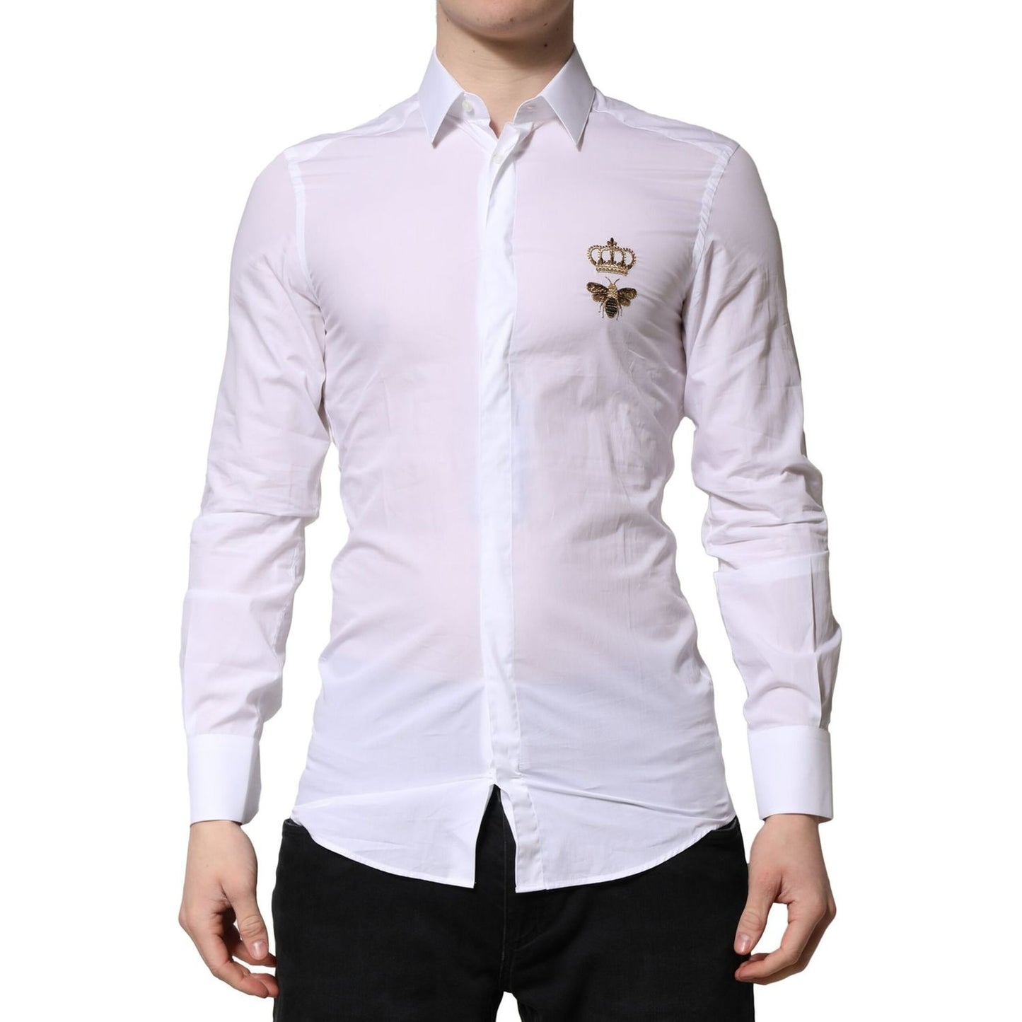 Dolce & Gabbana White GOLD Crown Bee Men Dress Formal Shirt with long sleeves and button closure