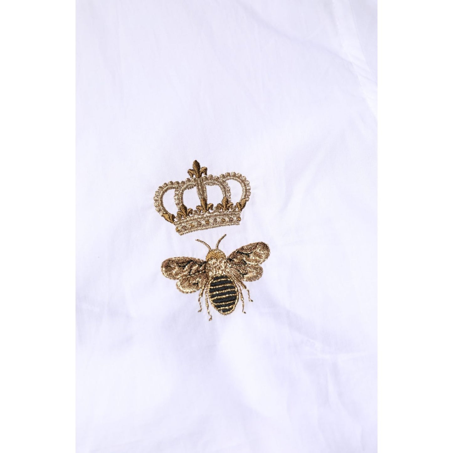 Dolce & Gabbana White GOLD Crown Bee Men Dress Formal Shirt detail featuring embroidered crown and bee motifs on white cotton.