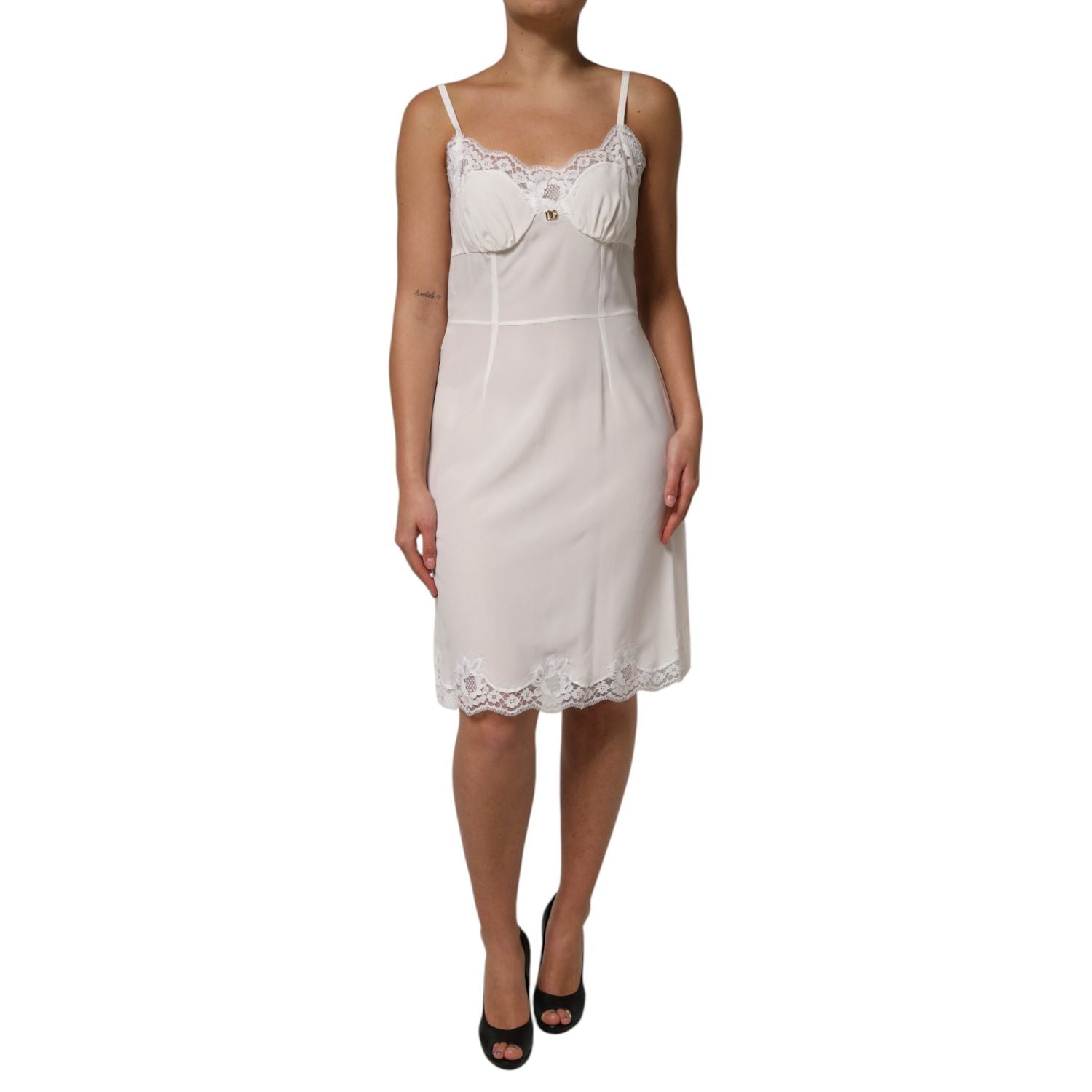 Dolce & Gabbana White Lace Gold DG Logo Silk Dress Sleepwear