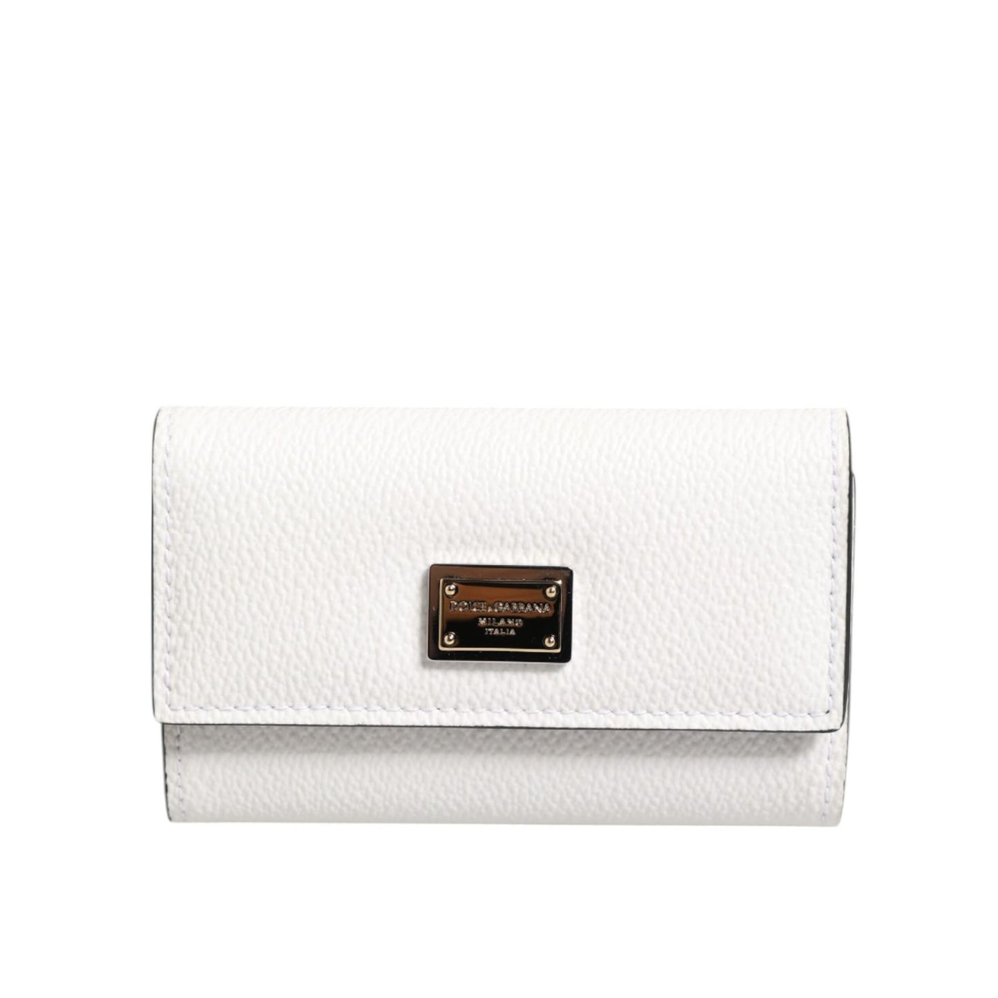 Dolce & Gabbana White Leather Card Case Holder Wallet Gold Logo Plate Key Holder, white textured leather, gold-tone logo plate.