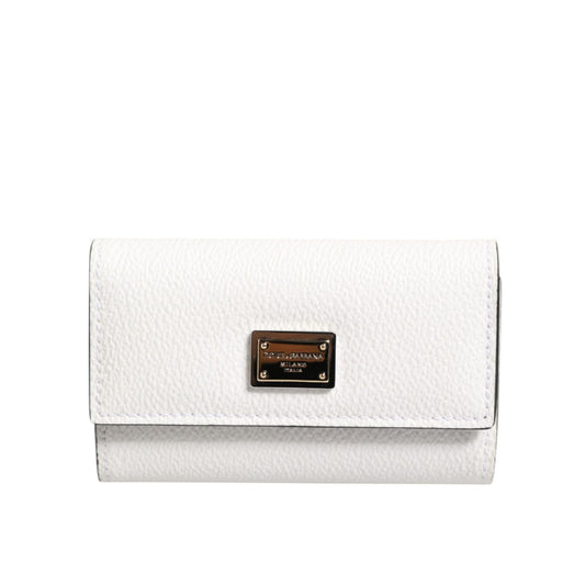 Dolce & Gabbana White Leather Card Case Holder Wallet Gold Logo Plate Key Holder, white textured leather, gold-tone logo plate.