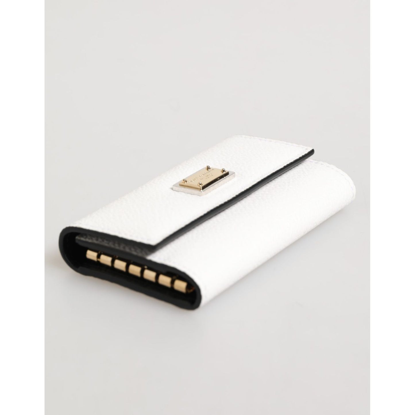 Dolce & Gabbana White Leather Card Case Holder Wallet Gold Logo Plate Key Holder in fine textured leather with snap closure