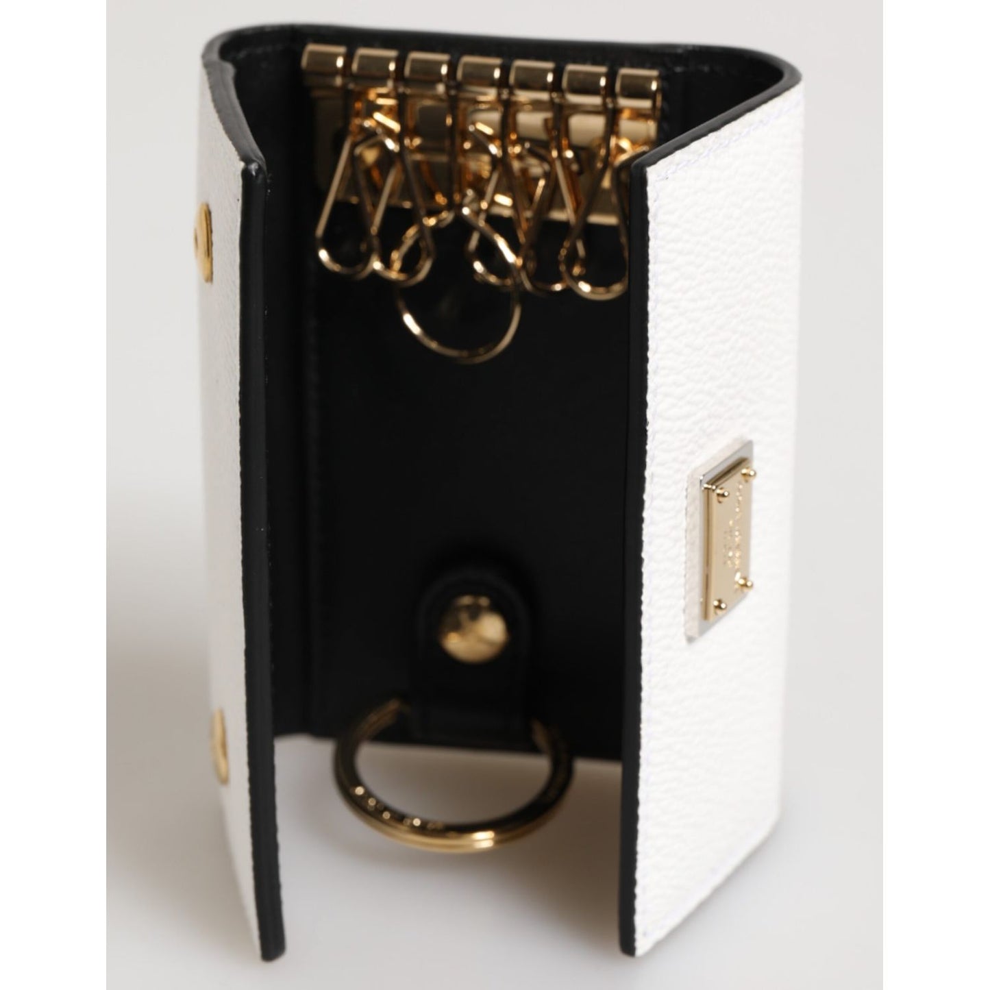 Dolce & Gabbana White Leather Card Case Holder Wallet Gold Logo Plate Key Holder with interior hooks and ring.