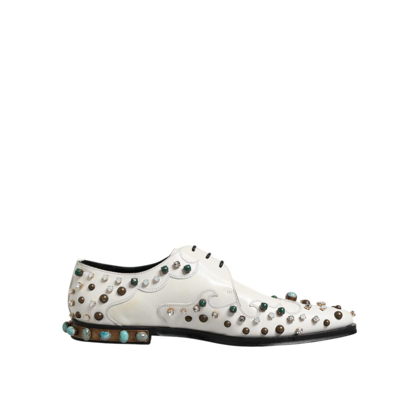 Dolce & Gabbana White Leather Crystals Embellished Derby Shoes displaying multicolor embellishments on a classic dress shoe design.