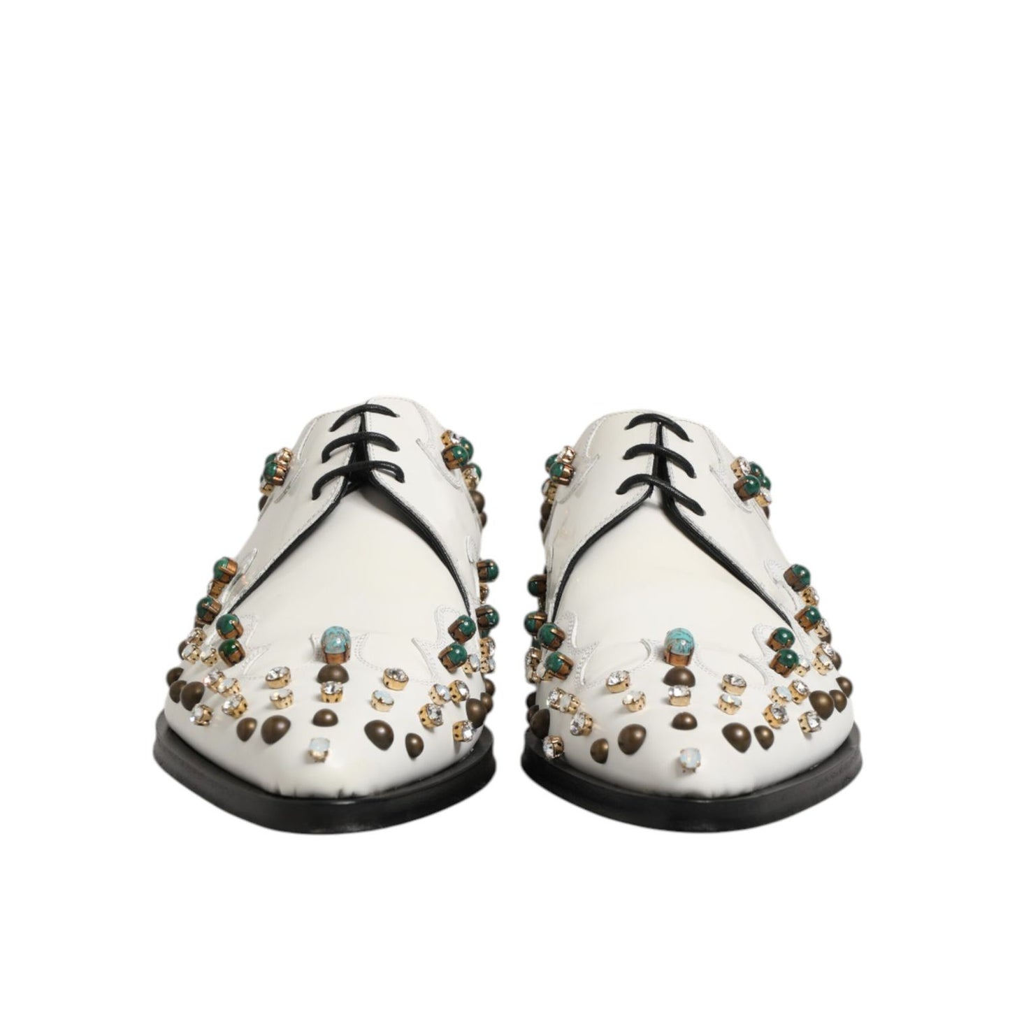 Dolce & Gabbana White Leather Crystals Embellished Derby Shoes with multicolor crystals, front view