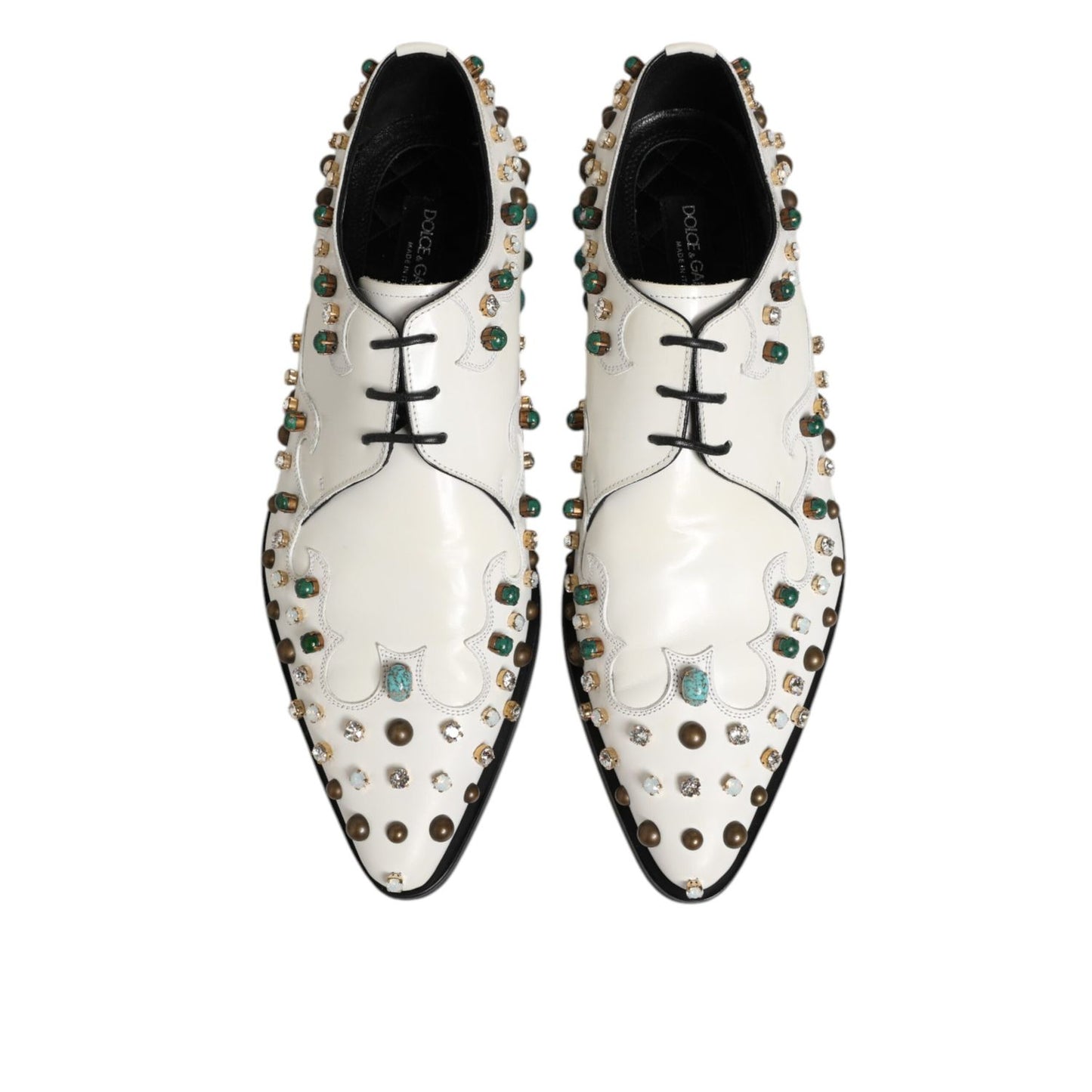 Dolce & Gabbana White Leather Crystals Embellished Derby Shoes with multicolor embellishments, perfect for formal events and evening wear.