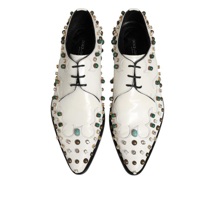 Dolce & Gabbana White Leather Crystals Embellished Derby Shoes with multicolor embellishments, perfect for formal events and evening wear.