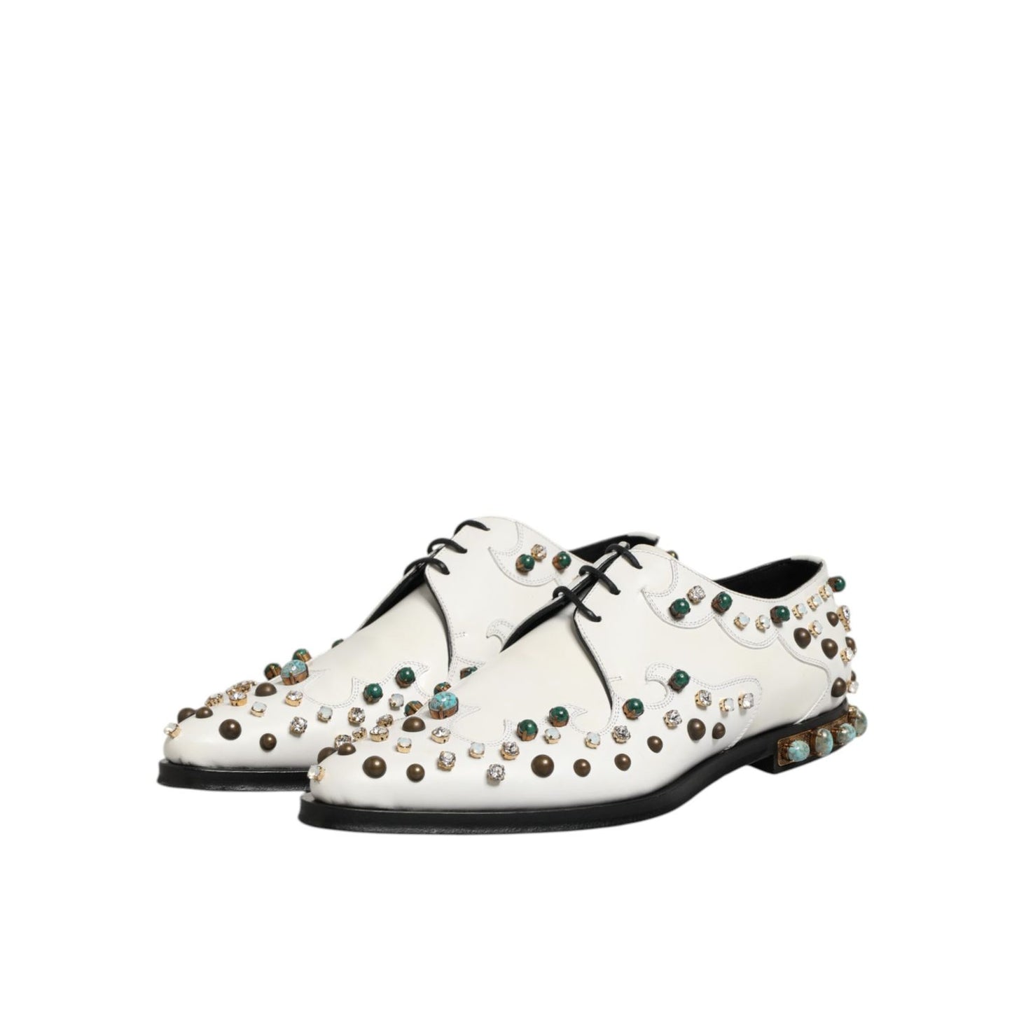 Dolce & Gabbana White Leather Crystals Embellished Derby Shoes with multicolor crystal embellishments, elegant and bold design.