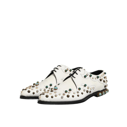 Dolce & Gabbana White Leather Crystals Embellished Derby Shoes with multicolor crystal embellishments, elegant and bold design.