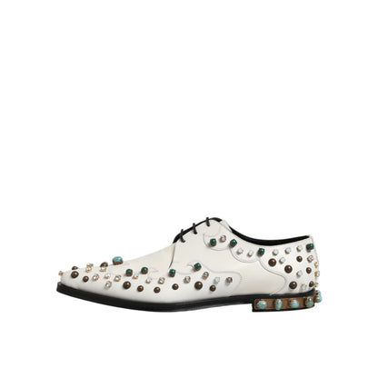 Dolce & Gabbana White Leather Crystals Embellished Derby Shoes with multicolor crystal embellishments, side view.
