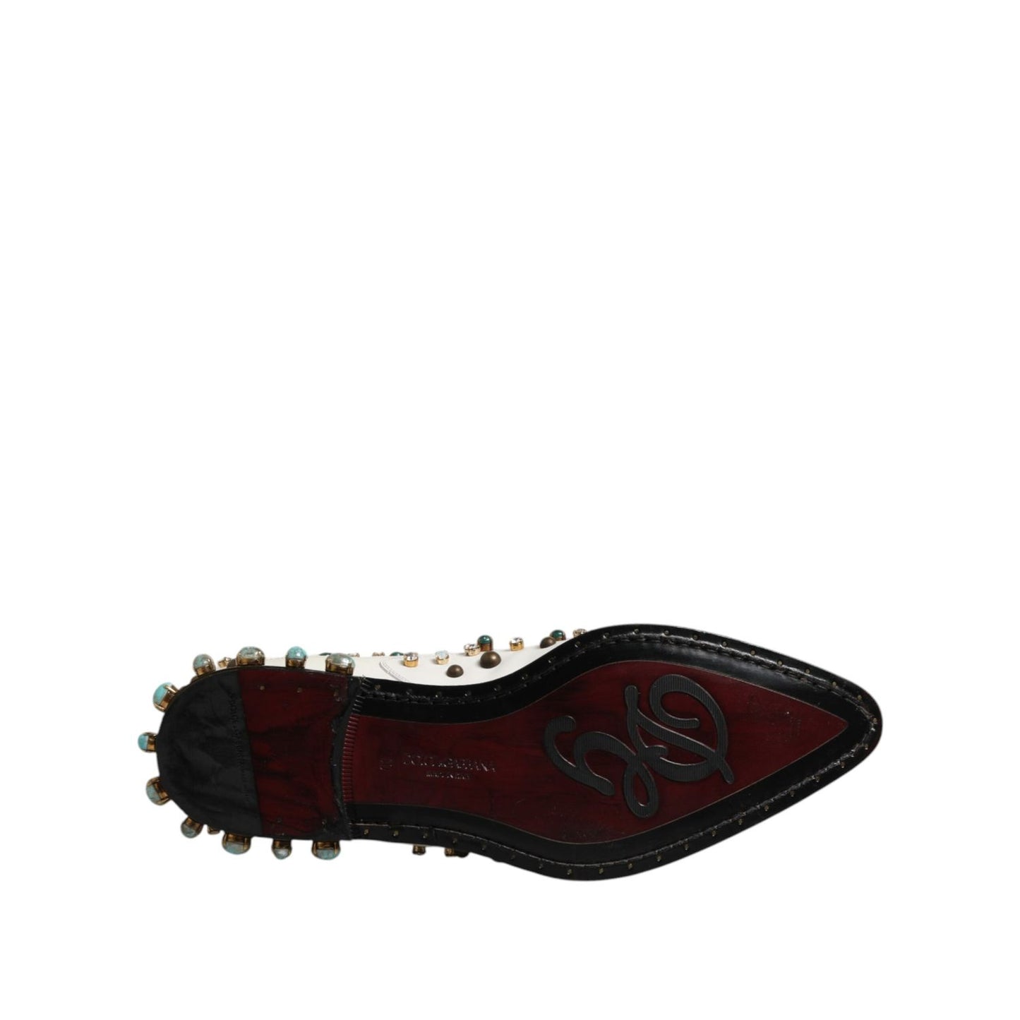 Bottom view of Dolce & Gabbana White Leather Crystals Embellished Derby Shoes featuring stylish sole design and crystal details.