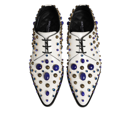 Dolce & Gabbana White Leather Crystals Embellished Dress Shoes with multicolor crystal design, elegant and bold style footwear