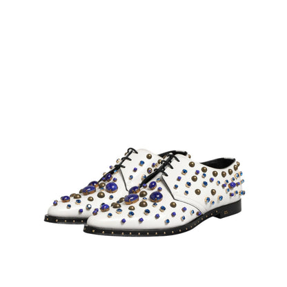 Dolce & Gabbana White Leather Crystals Embellished Dress Shoes with multicolor crystal decorations, luxury design, and premium craftsmanship.