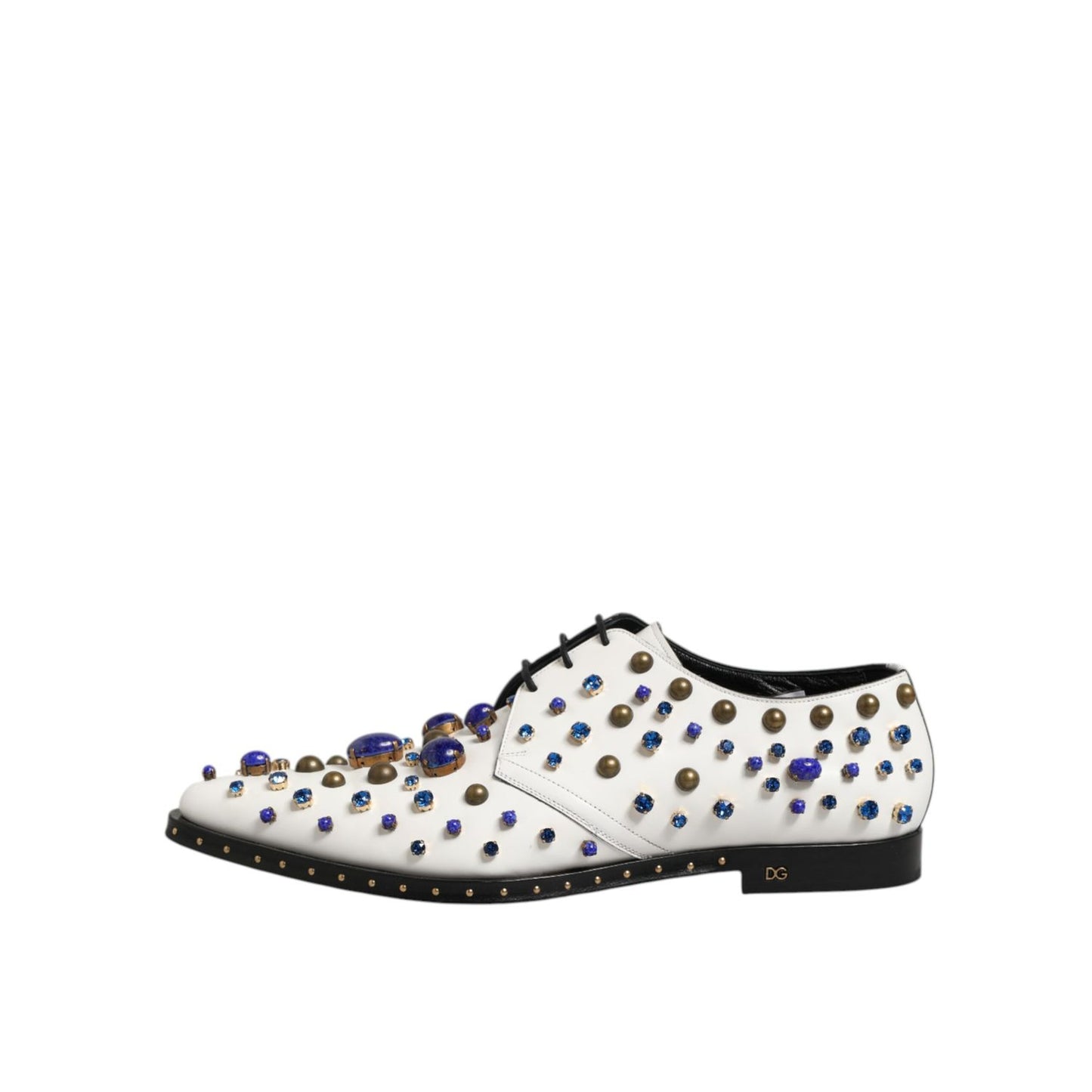 Dolce & Gabbana White Leather Crystals Embellished Dress Shoes featuring multicolor crystal details, ideal for formal occasions.