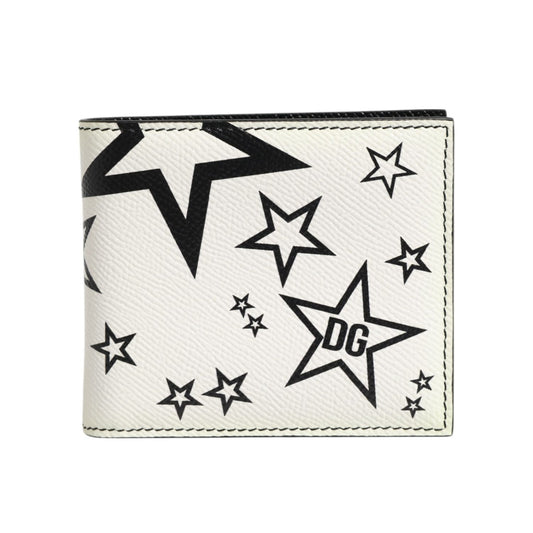Dolce & Gabbana White Leather DG Star Logo Bifold Men Card Holder Wallet front view