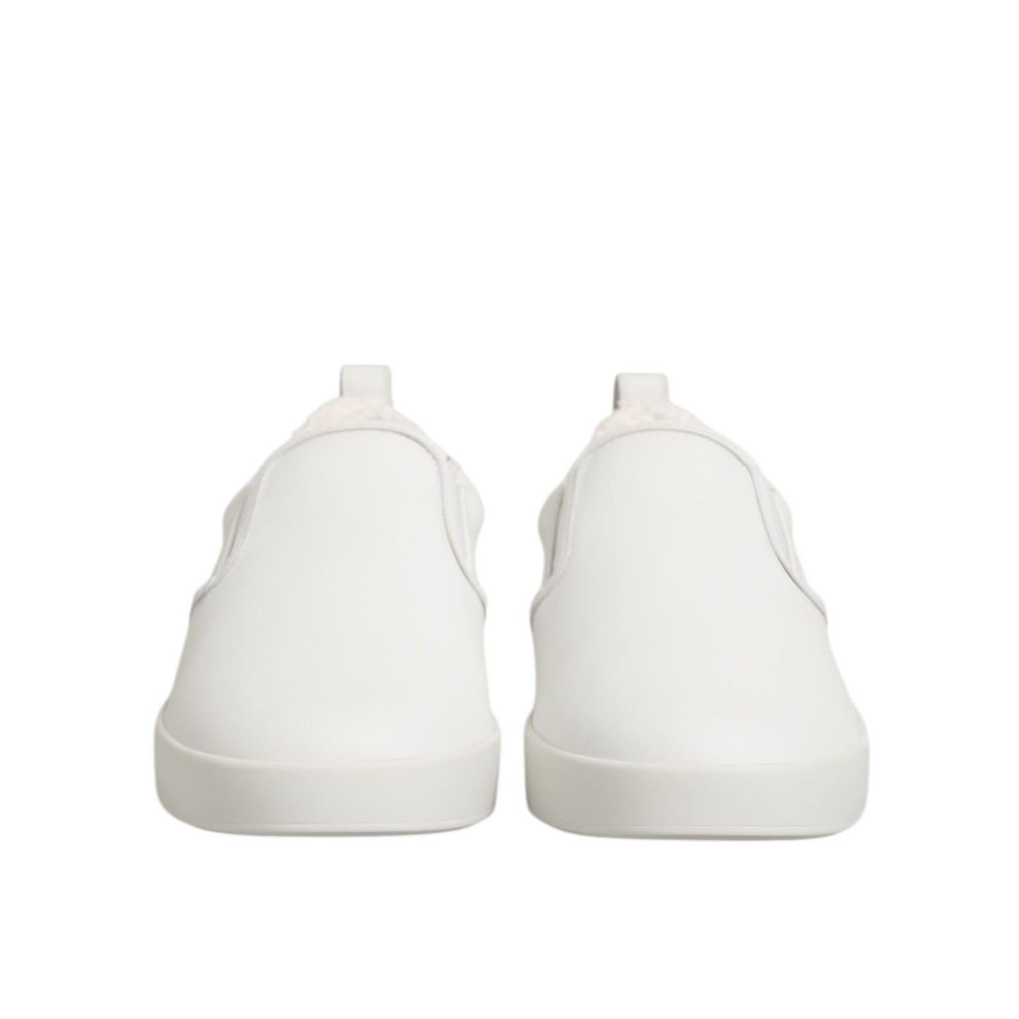 Front view of Dolce & Gabbana White Leather Low Top Slip On Sneakers Shoes with elastic side panels and rubber sole for casual style.