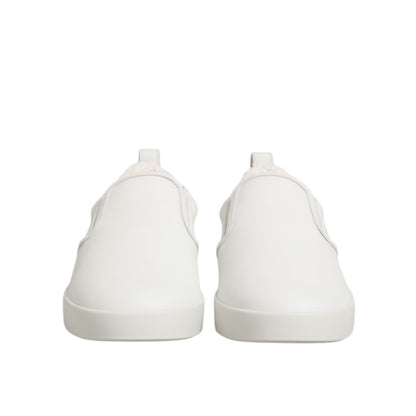 Front view of Dolce & Gabbana White Leather Low Top Slip On Sneakers Shoes with elastic side panels and rubber sole for casual style.