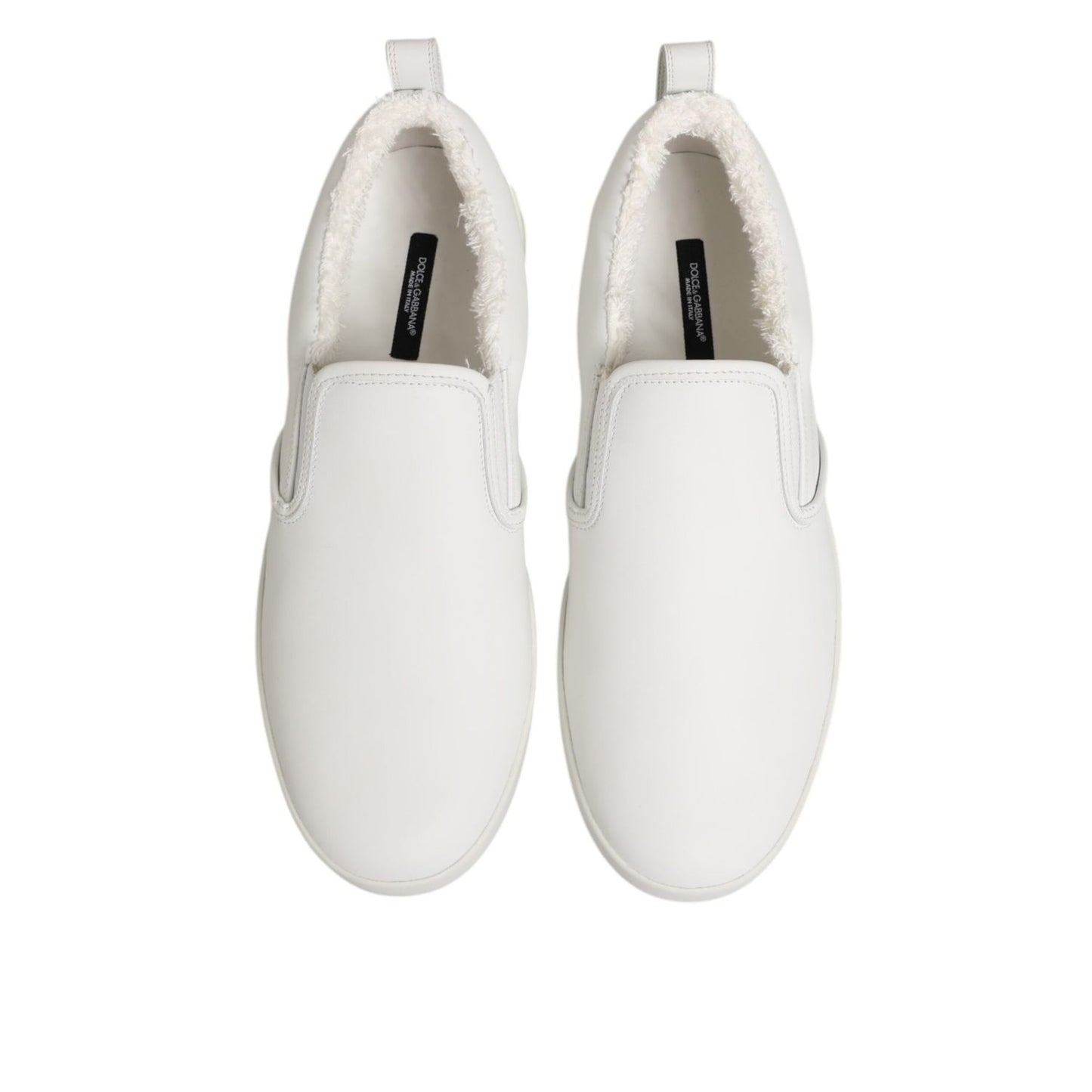 Dolce & Gabbana White Leather Low Top Slip On Sneakers Shoes with elastic side panels and rubber sole, top view.