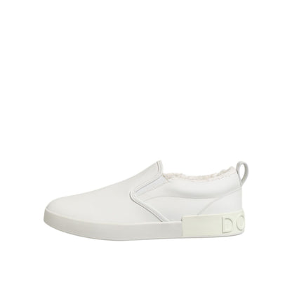 Dolce & Gabbana White Leather Low Top Slip On Sneakers Shoes with rubber sole and logo details, crafted from smooth leather for casual elegance.