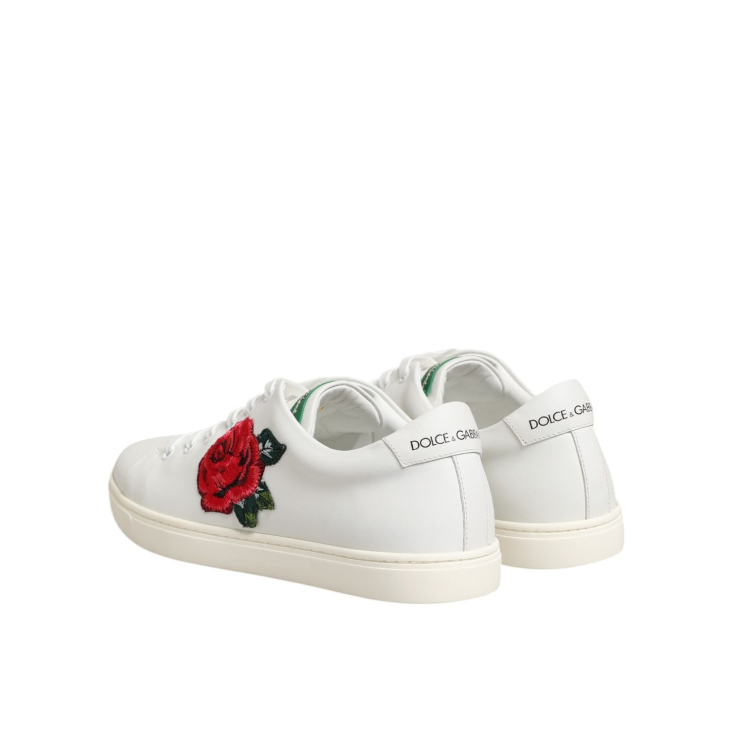 Dolce & Gabbana White Leather Rose Embroidery Low-Top  Shoes