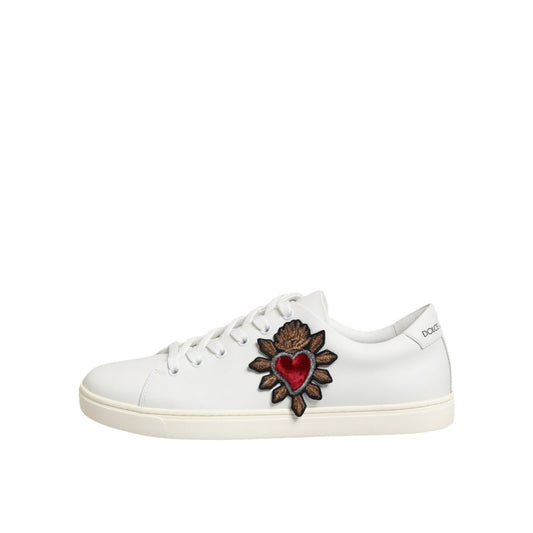 Dolce & Gabbana White Leather Sacre Heart Patch Sneakers Shoes with heart embroidery, low top design, lace-up closure.