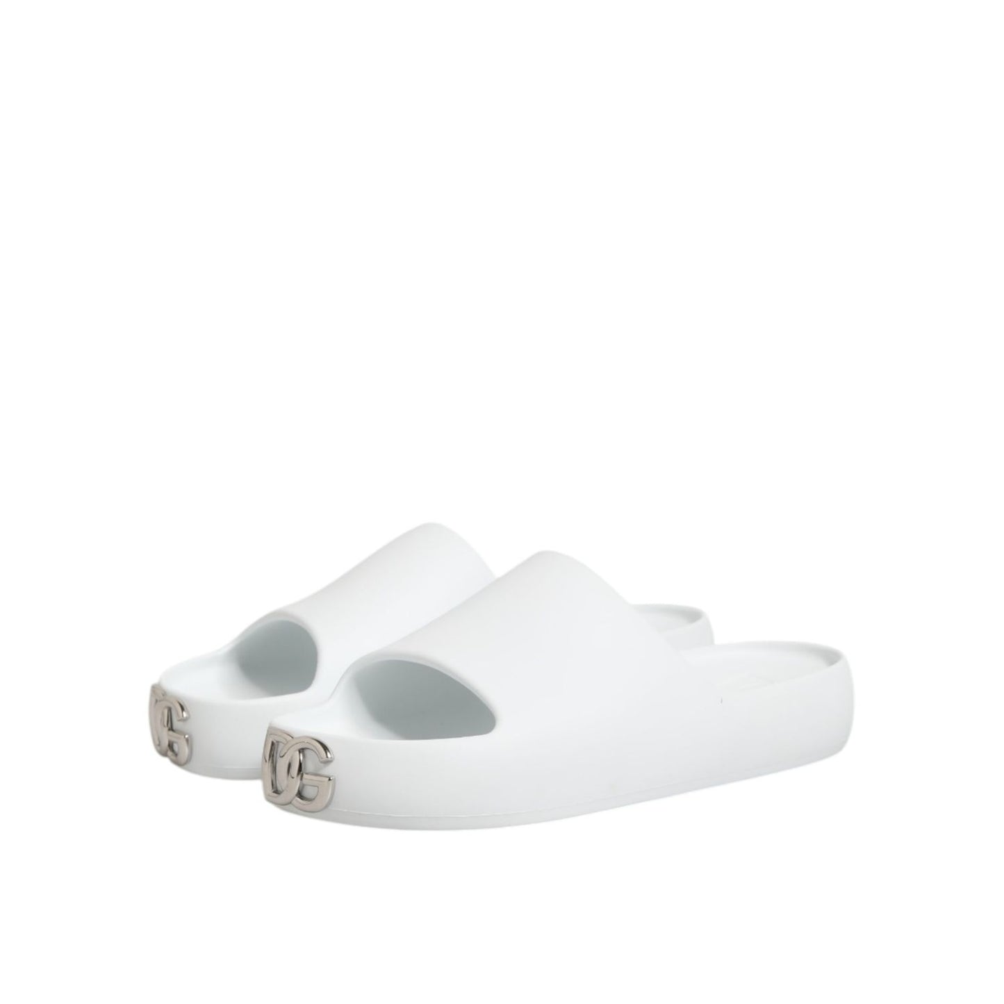 Dolce & Gabbana White Logo Slides Sandals Men Beachwear Shoes, featuring signature logo on strap, perfect for beachwear or casual style.