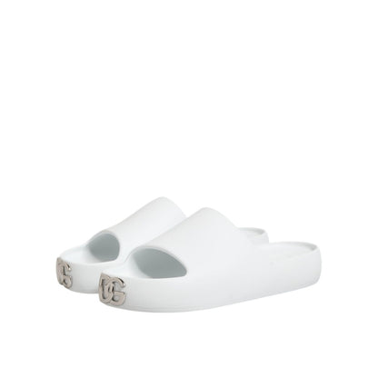 Dolce & Gabbana White Logo Slides Sandals Men Beachwear Shoes, featuring signature logo on strap, perfect for beachwear or casual style.