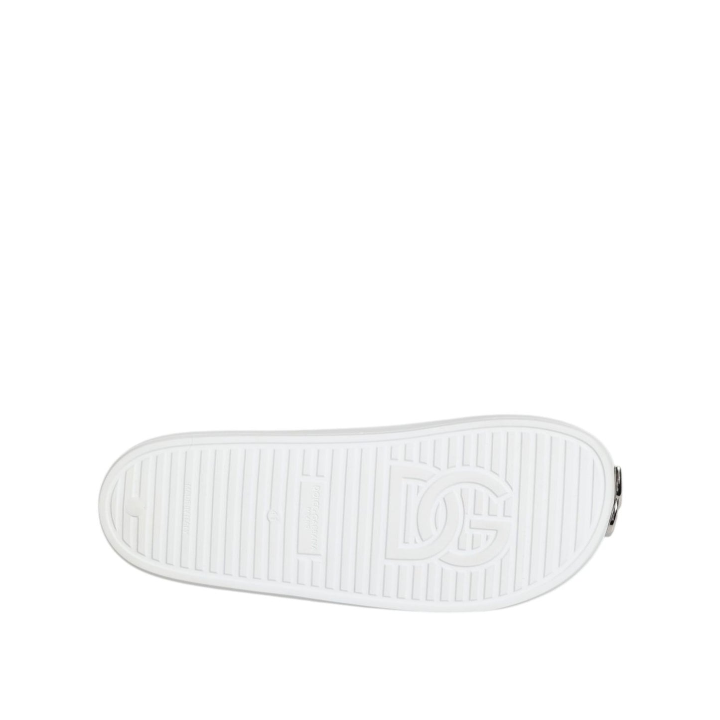 Dolce & Gabbana White Logo Slides Sandals Men Beachwear Shoes showing bottom view with signature logo on sole.