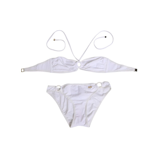 Dolce & Gabbana White Logo Swimsuit 2 Piece Top Bottom Swimwear with signature logo, bandeau top, and brief bottom, Italian design.