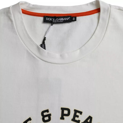 Dolce & Gabbana White Love & Peace Cotton Round Neck T-shirt with minor defect and logo details, front view.