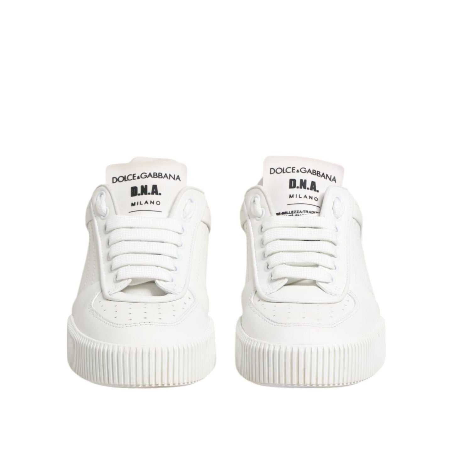 Front view of Dolce & Gabbana White Miami Leather Low Top Sneakers Shoes with laced closure and branding, featuring smooth leather design.
