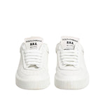 Front view of Dolce & Gabbana White Miami Leather Low Top Sneakers Shoes with laced closure and branding, featuring smooth leather design.