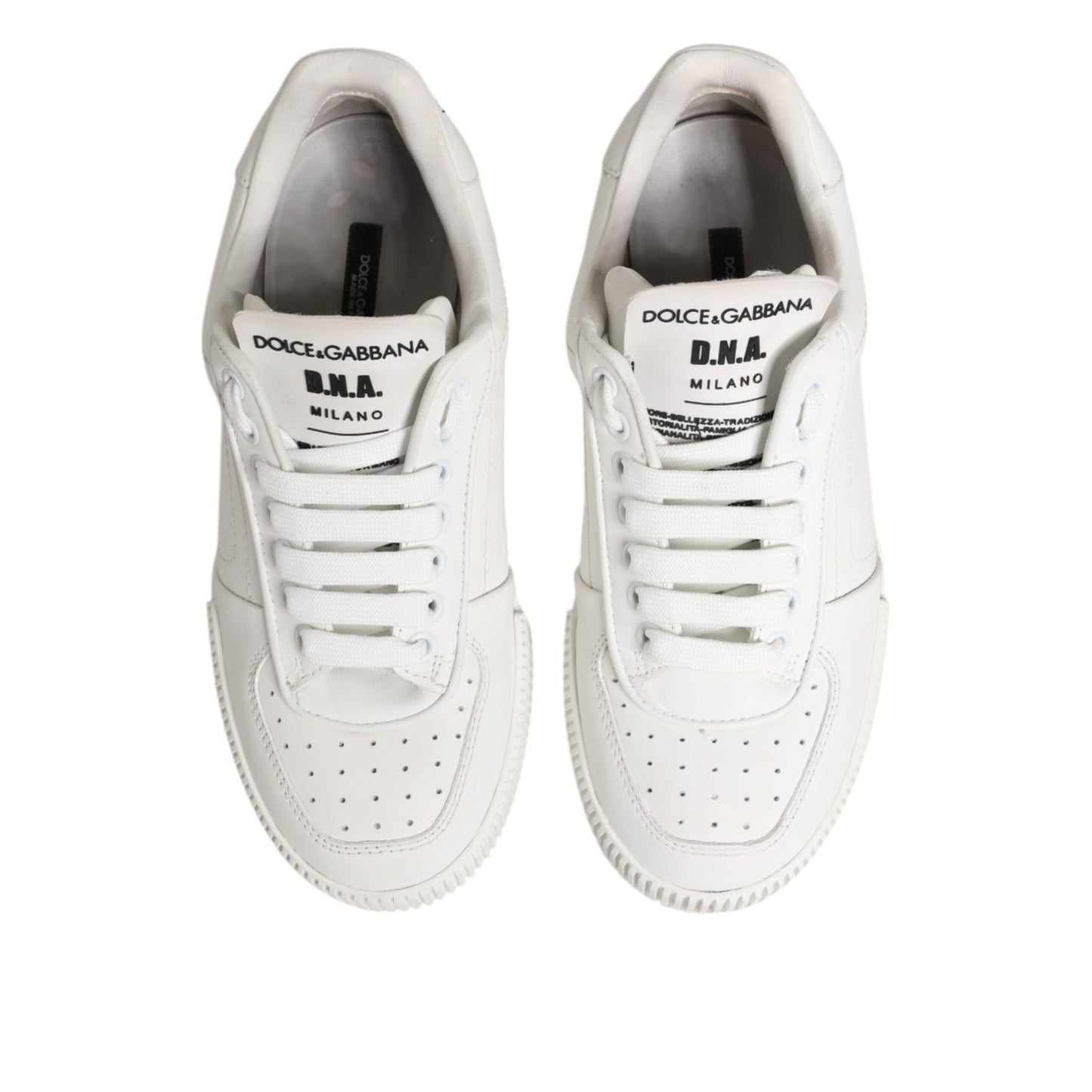 Top view of Dolce & Gabbana White Miami Leather Low Top Sneakers Shoes with lace-up closure and sleek design.